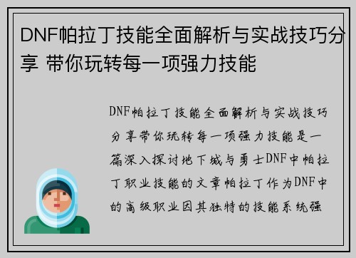 DNF帕拉丁技能全面解析与实战技巧分享 带你玩转每一项强力技能